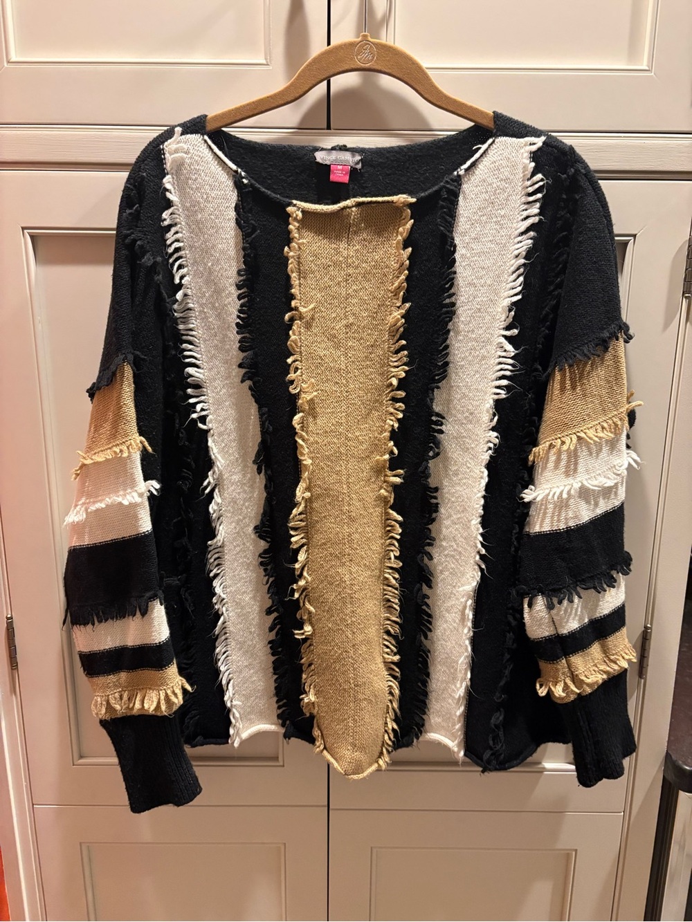 Vince Camuto Black, Cream & Tan Striped Fringe Crewneck Sweater